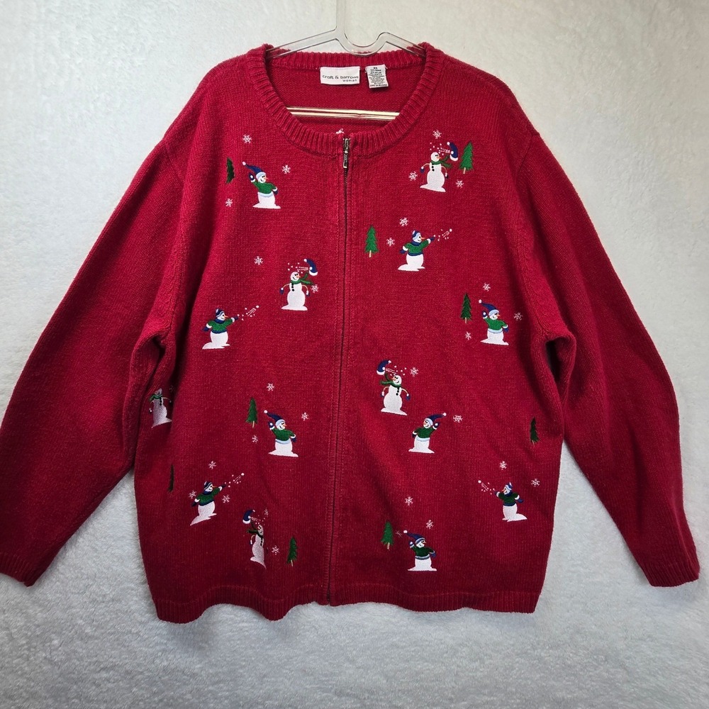 Whimsical Red Snowman Zip Cardigan Sweater Womens 2x Snowball Embroidered Winter